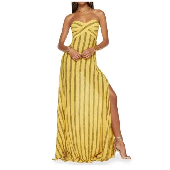 RAMY BROOK Faretta Yellow Silver Metallic Striped Strapless Maxi Dress Size L - Picture 1 of 11